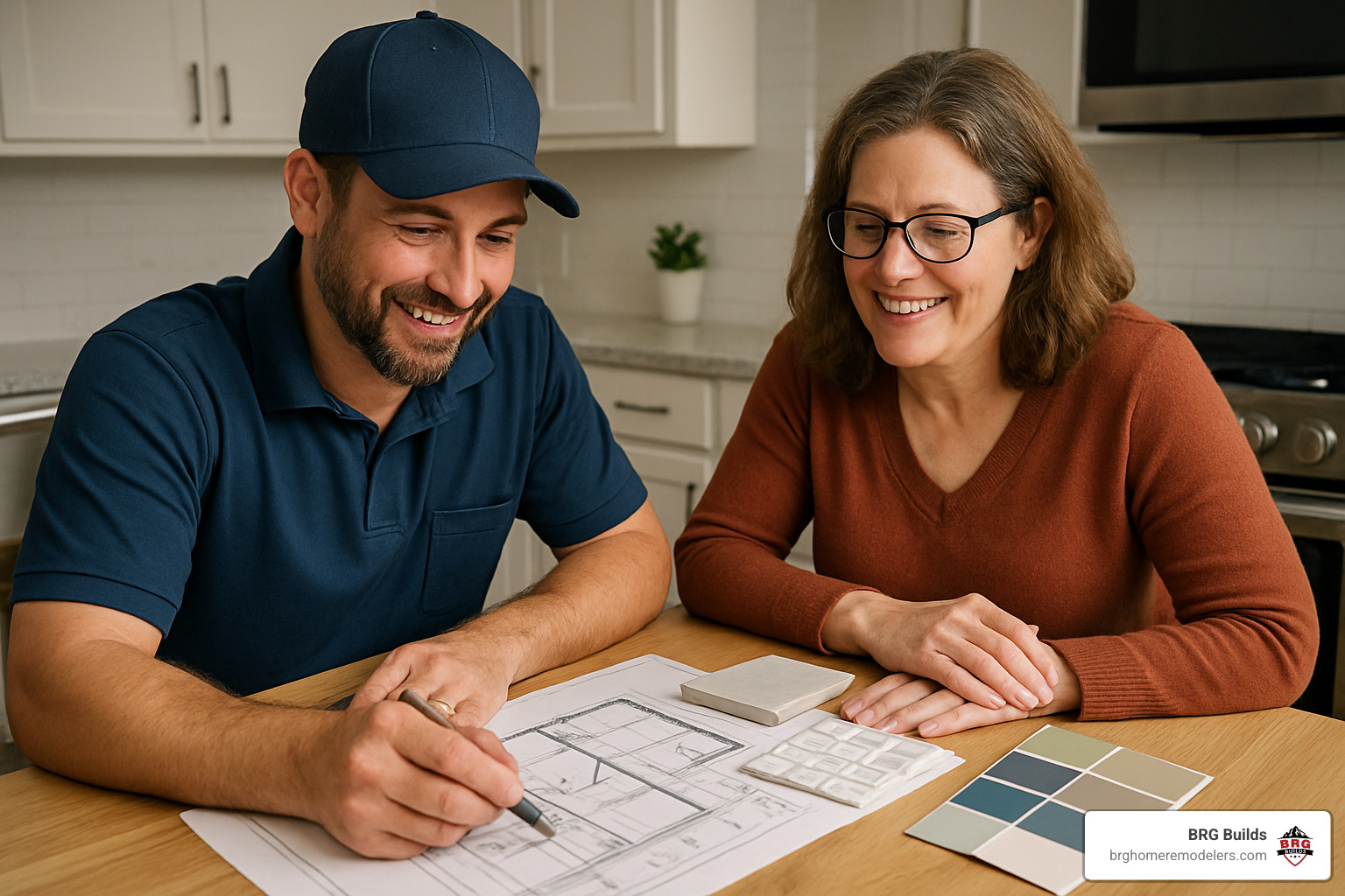 Professional contractor reviewing detailed bathroom remodel plans with homeowner at kitchen table, showing blueprints and material samples - bathroom remodel littleton co Professional contractor reviewing detailed bathroom remodel plans with homeowner at kitchen table, showing blueprints and material samples - bathroom remodel littleton co