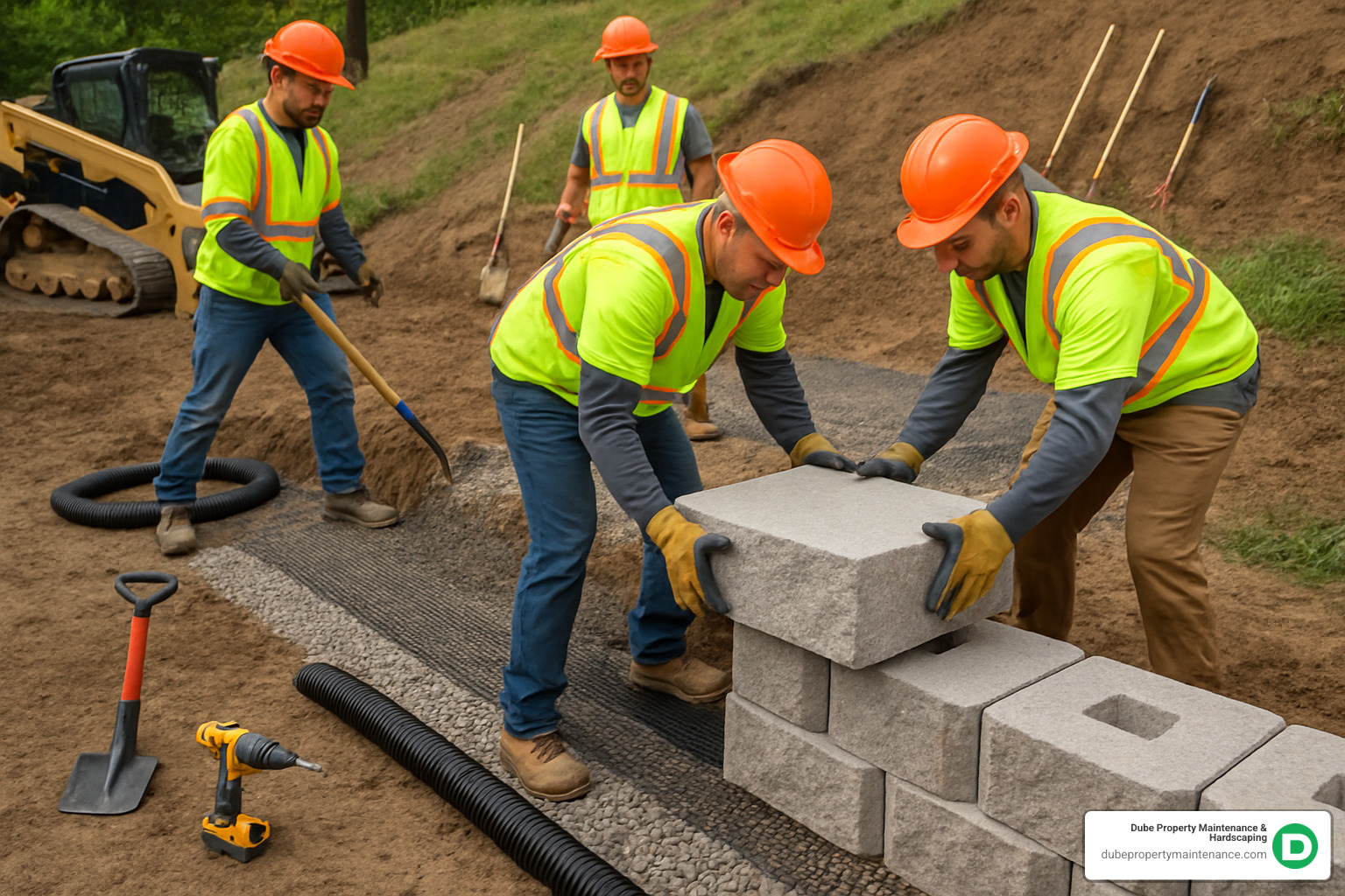 Professional crew installing modular block retaining wall with proper base preparation and drainage - retaining wall builders near me