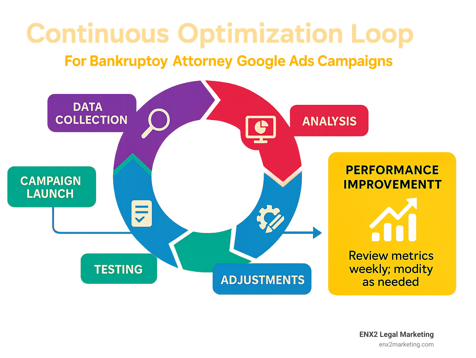 Infographic showing the optimization loop: campaign launch, data collection, analysis, adjustments, testing, and performance improvement with specific metrics and timeframes - bankruptcy attorney Google Ads infographic