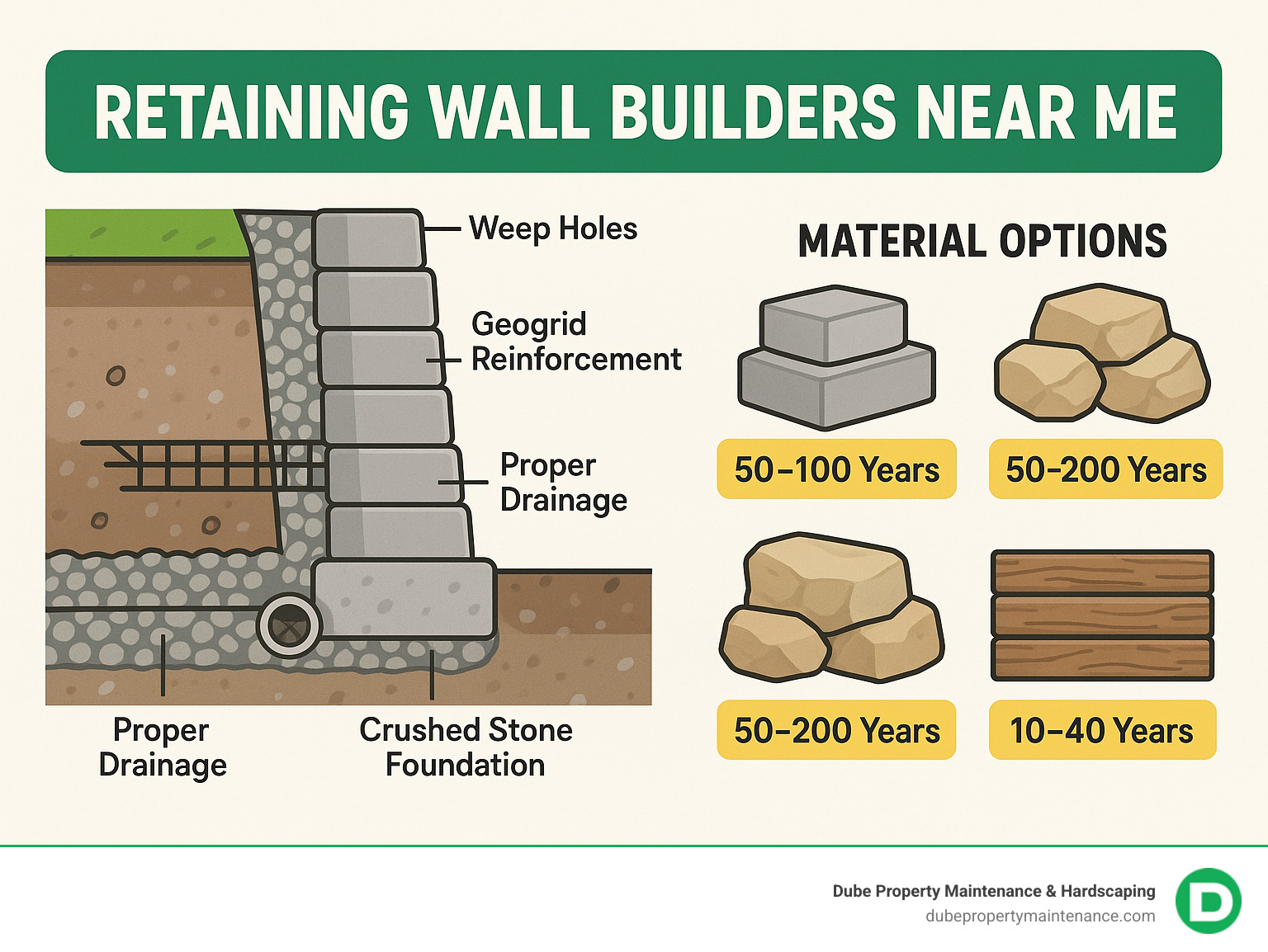 Infographic showing retaining wall cross-section with crushed stone foundation, geogrid reinforcement, proper drainage system including weep holes and gravel backfill, and material options like concrete blocks, natural stone, and timber with corresponding lifespan ranges - retaining wall builders near me infographic 