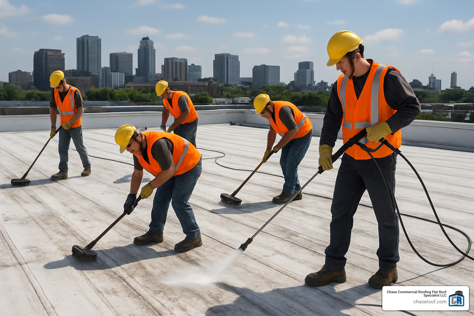 Workers cleaning and preparing a commercial roof surface before coating application - roof coating paint