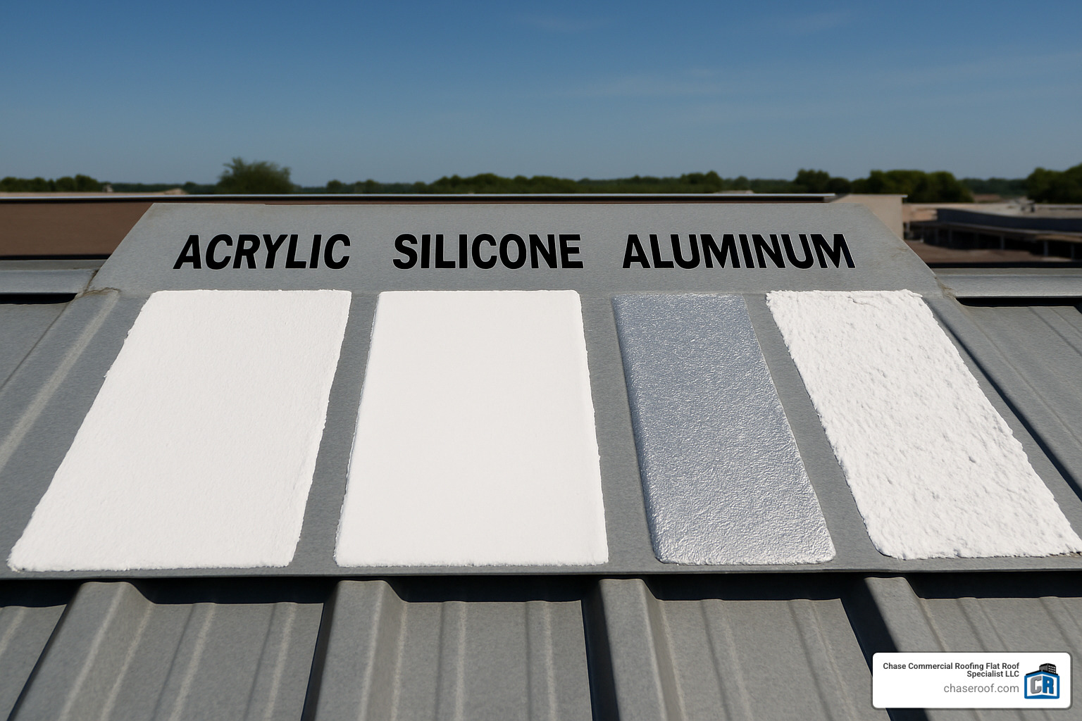 Different types of roof coating paint samples showing acrylic, silicone, aluminum, and elastomeric formulations - roof coating paint