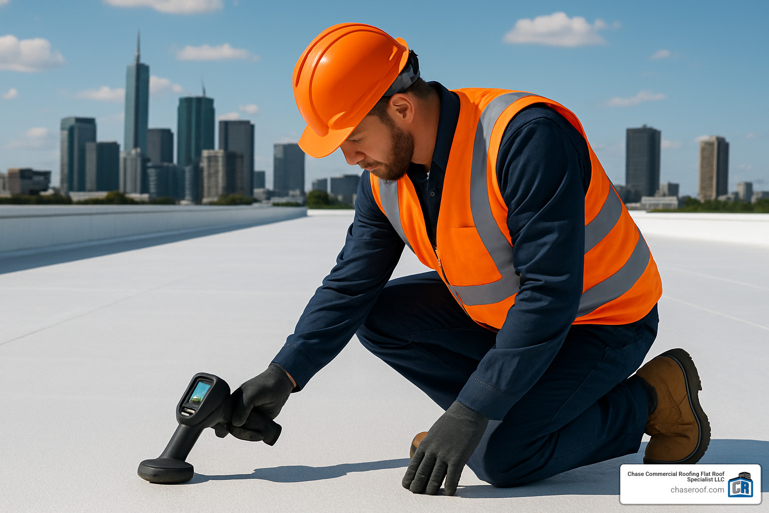 Technician performing infrared moisture scan on coated commercial roof - roof coating paint