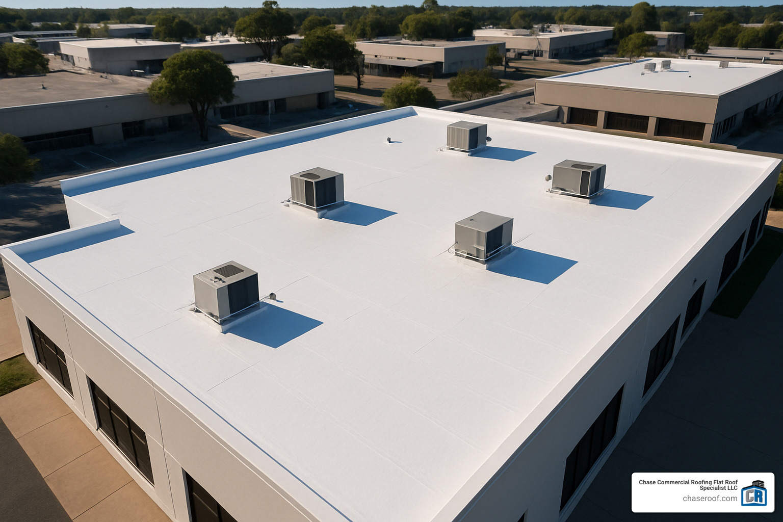 Finished commercial flat roof with bright white reflective coating showing excellent coverage and professional application - roof coating paint