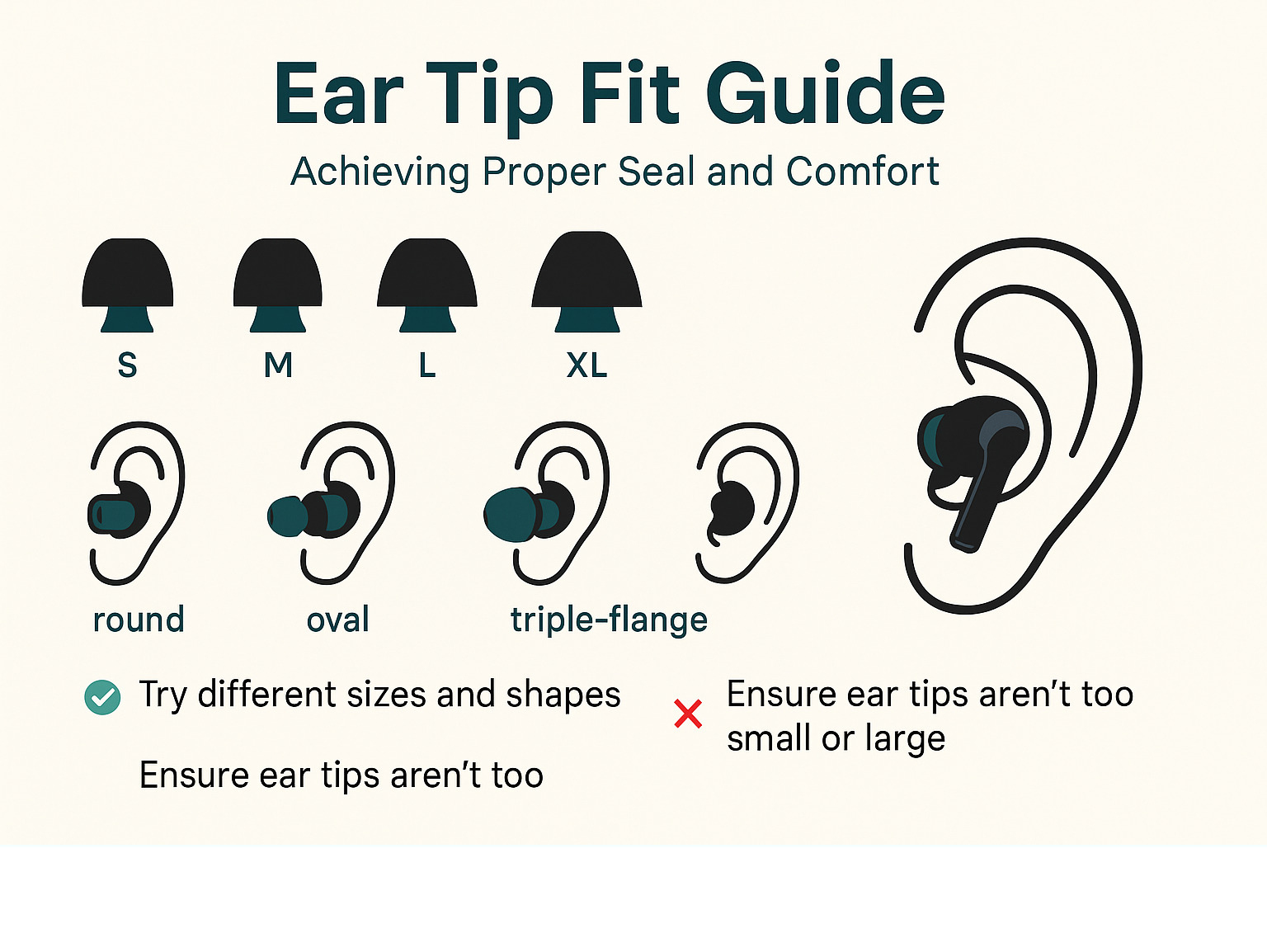 Infographic showing different ear tip sizes and shapes, with guidance on achieving proper seal and comfort - best bluetooth earbuds infographic 
