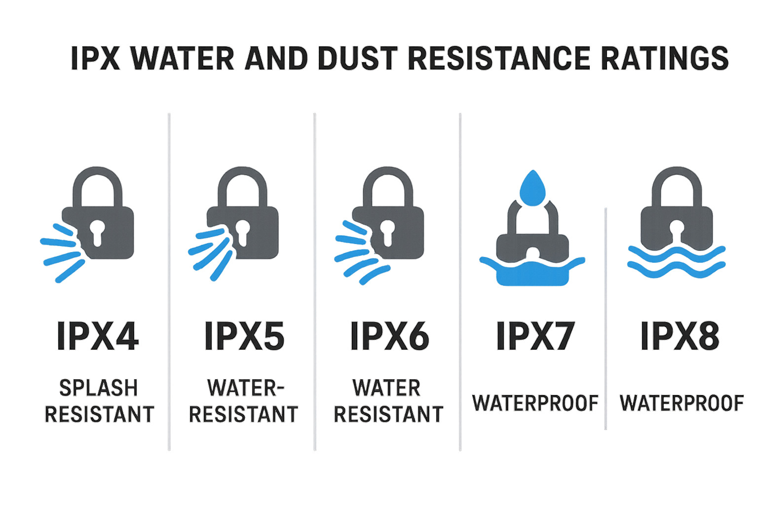 IPX rating icons showing water and dust resistance levels from IPX4 to IPX8 - best bluetooth earbuds