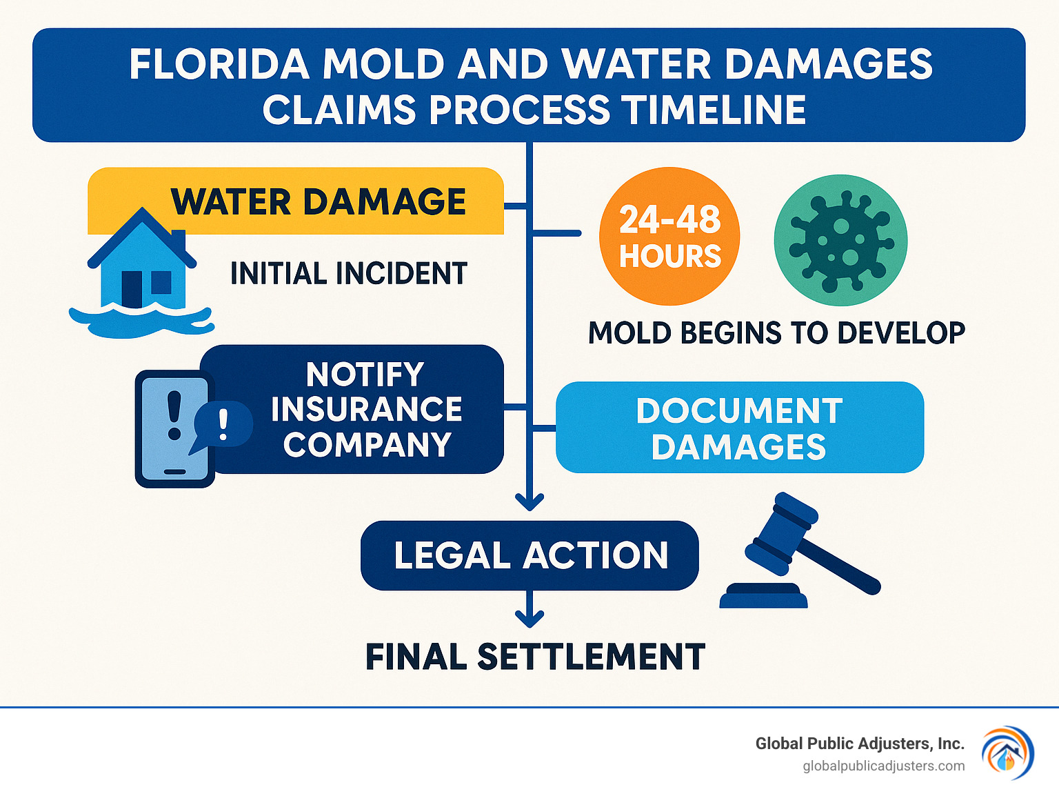 Florida mold and water damage claims process timeline showing key steps from initial water damage through final settlement, including 24-48 hour mold development window, insurance notification requirements, documentation needs, and legal intervention points - florida attorneys mold and water damage claims infographic 