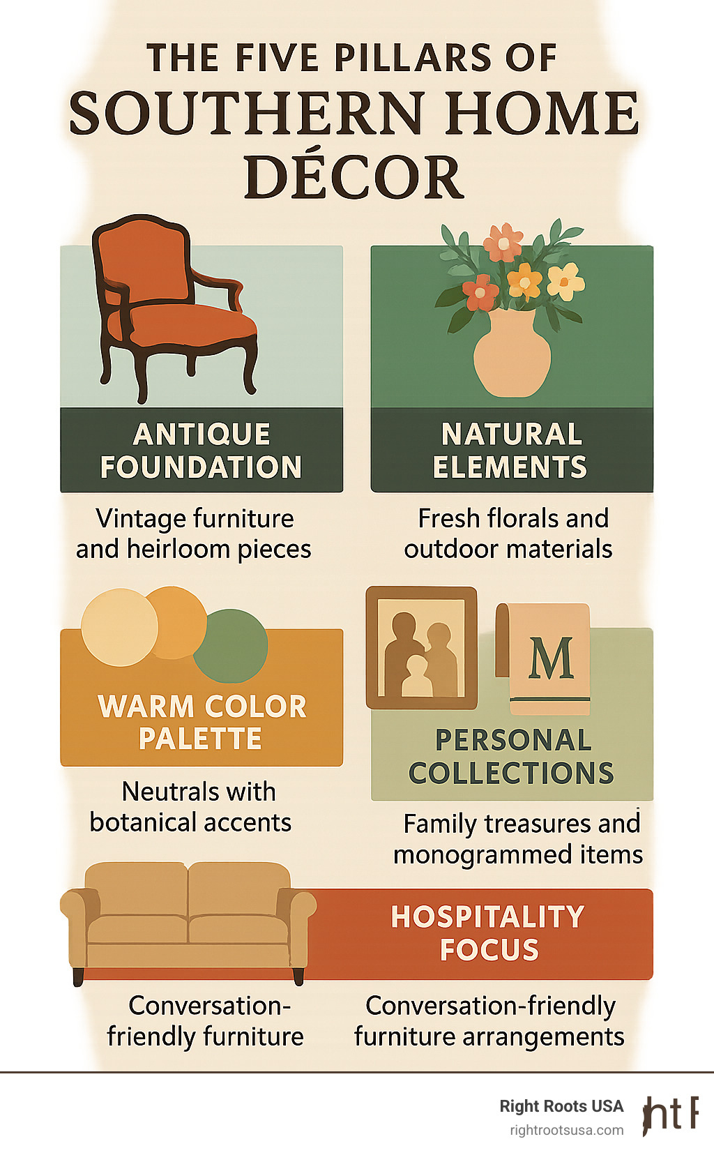 Infographic showing the five pillars of Southern home décor: Antique Foundation with vintage furniture and heirloom pieces, Natural Elements including fresh florals and outdoor materials, Warm Color Palette featuring neutrals with botanical accents, Personal Collections displaying family treasures and monogrammed items, and Hospitality Focus with conversation-friendly furniture arrangements - southern home accents infographic 