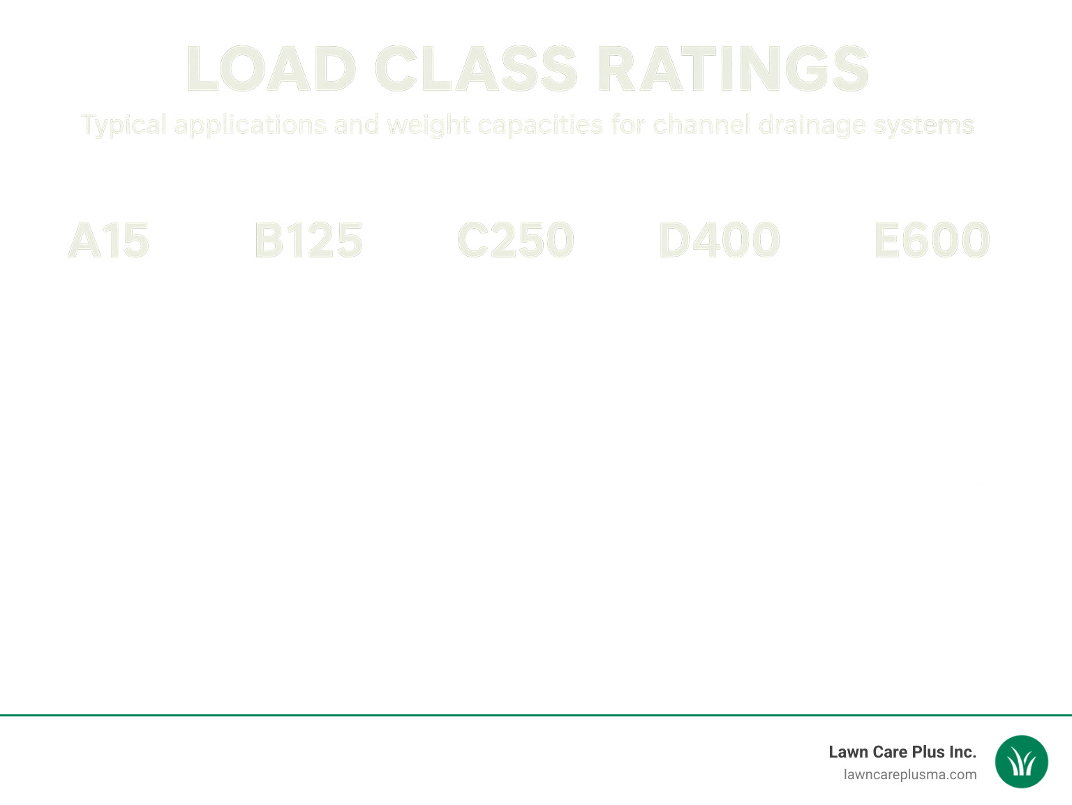 Infographic showing load class ratings from A15 (pedestrian) through F900 (aircraft) with typical applications and weight capacities for each class - channel drainage system infographic 
