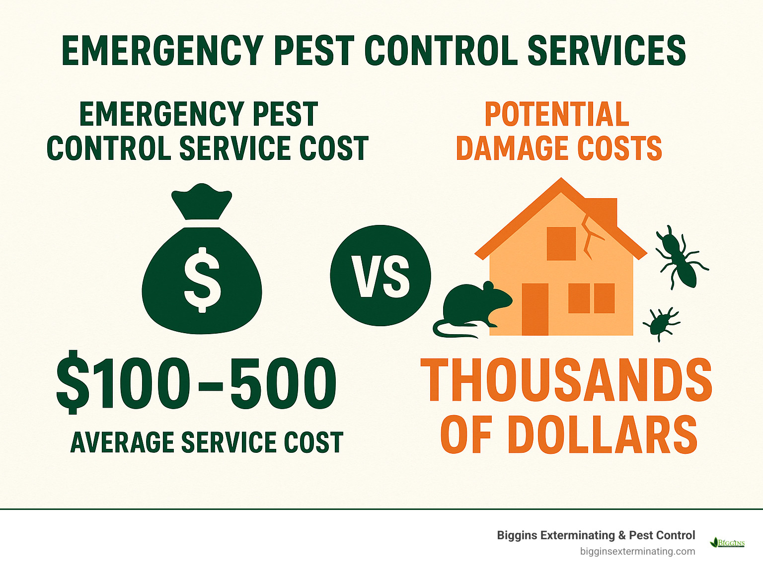 Cost comparison infographic showing emergency pest control service costs versus potential damage costs - Emergency pest control services infographic 