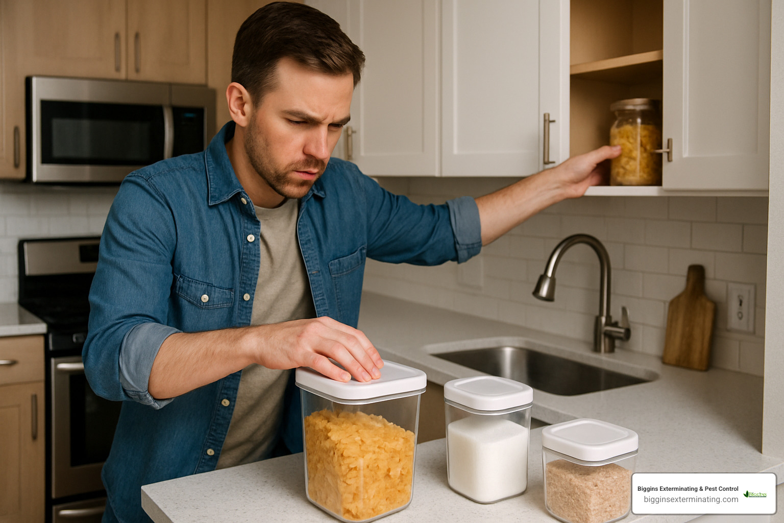Homeowner sealing food containers and securing area - Emergency pest control services