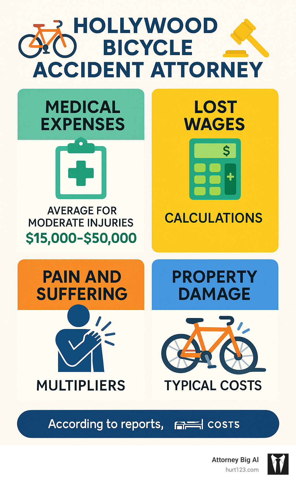 Infographic showing compensation types: medical expenses averaging $15,000-$50,000 for moderate injuries, lost wages calculations, pain and suffering multipliers, and property damage typical costs - Hollywood bicycle accident attorney infographic