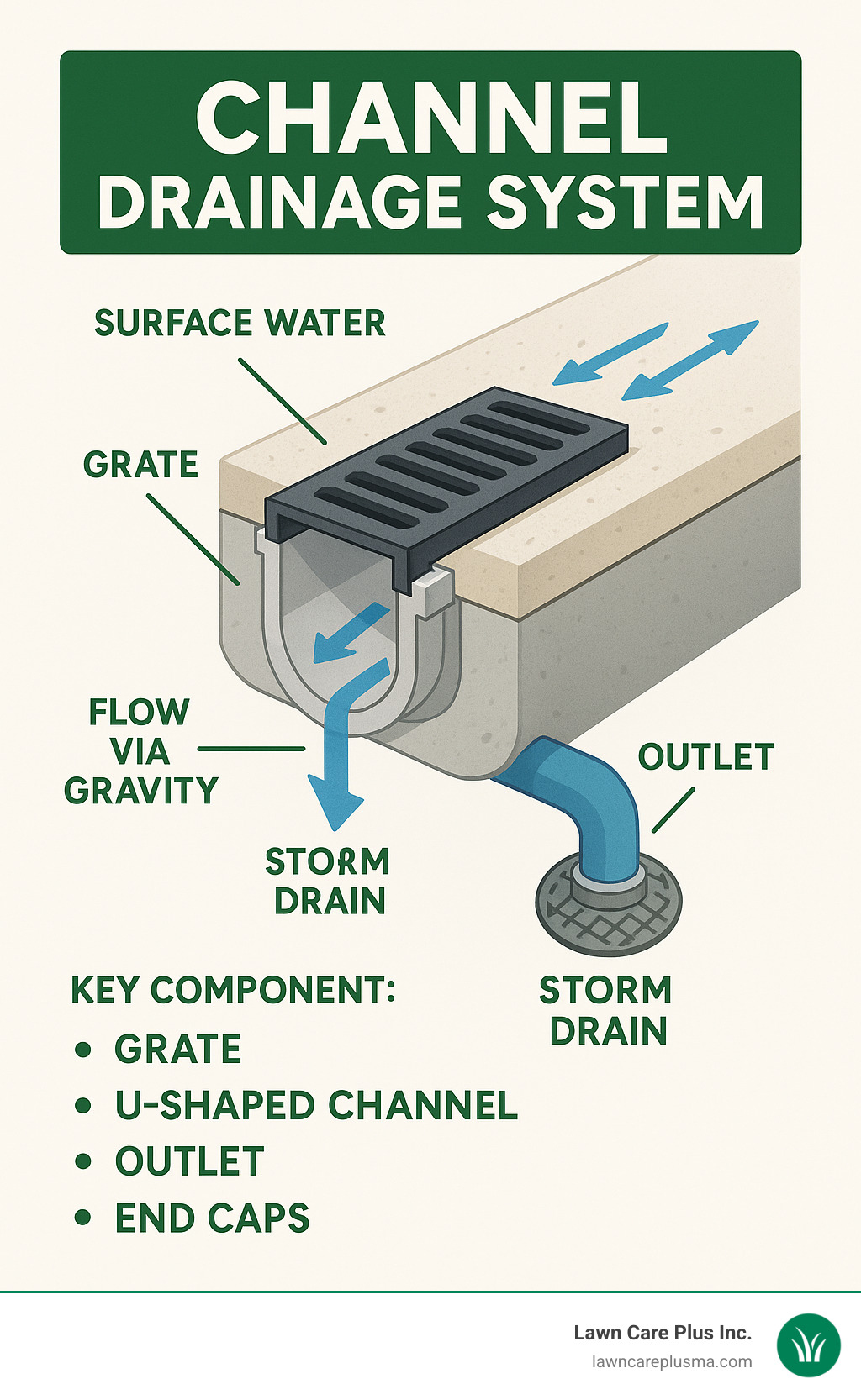 Infographic showing channel drainage system components and water flow path from surface collection through grate into U-shaped channel, traveling via gravity to outlet connection with storm drain system - channel drainage system infographic 
