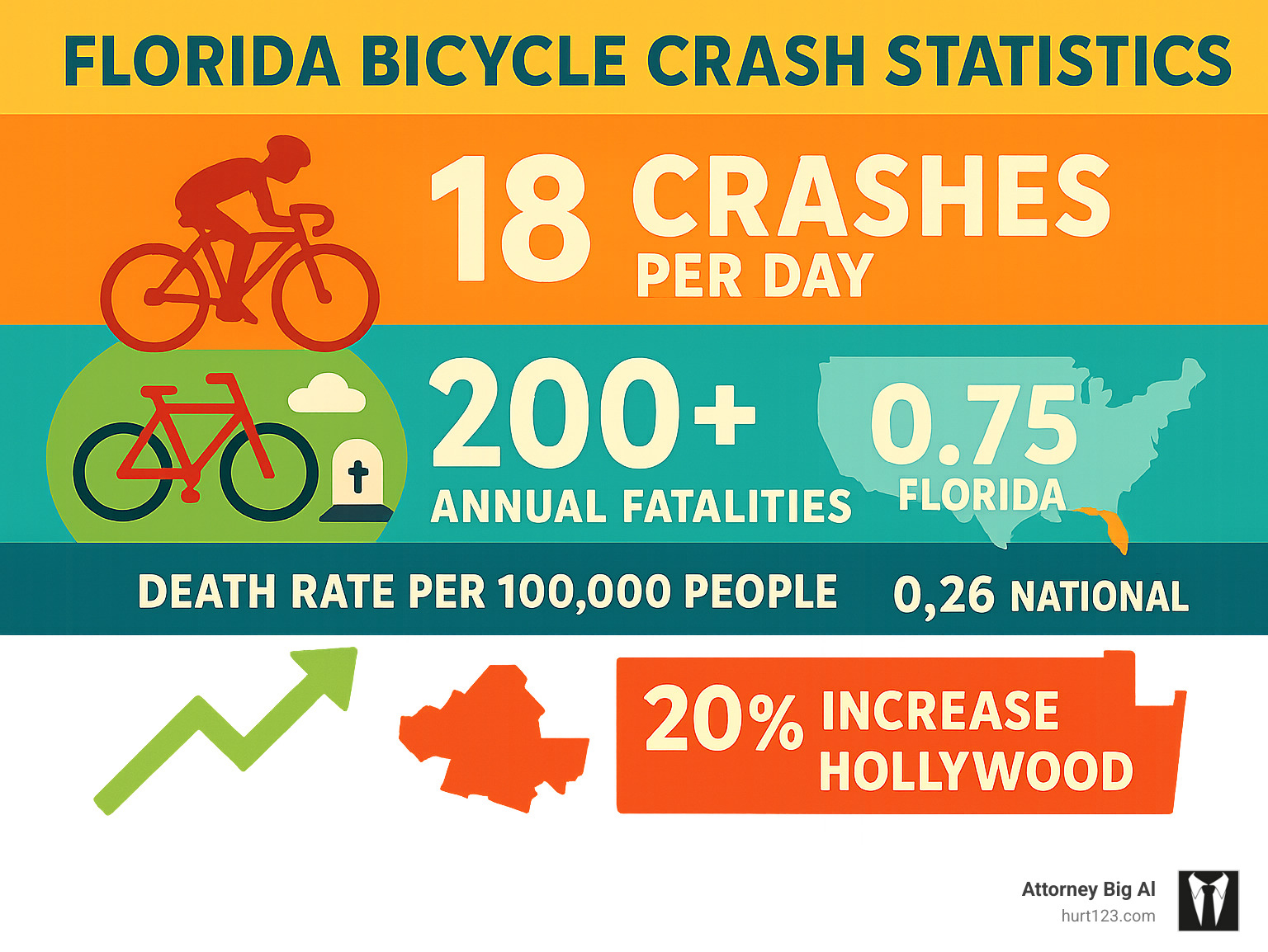 Infographic showing Florida's daily bicycle crash statistics with 18 crashes per day, 200+ annual fatalities, and comparison of Florida's 0.75 death rate versus national 0.26 rate per 100,000 people, highlighting Hollywood's 20% increase in incidents - Hollywood bicycle accident attorney infographic