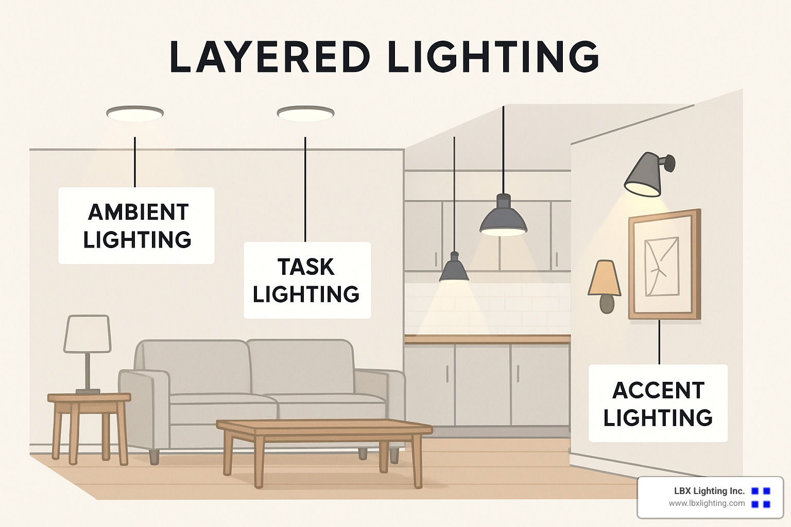 layered lighting diagram showing ambient, task, and accent lighting layers in a modern interior - lighting design houston