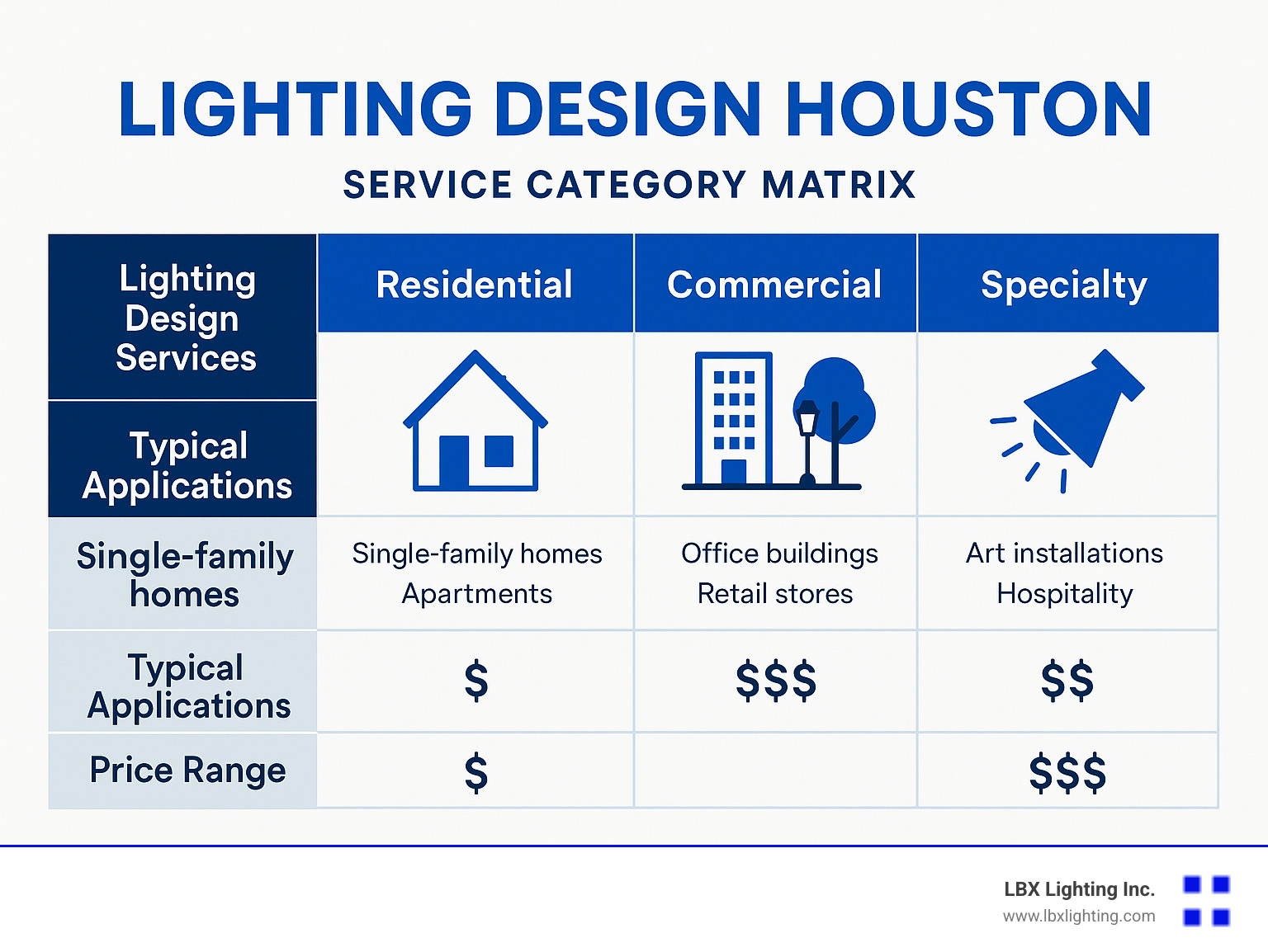 Service category matrix showing residential, commercial, landscape, and specialty lighting design services with typical applications and price ranges - lighting design houston infographic 