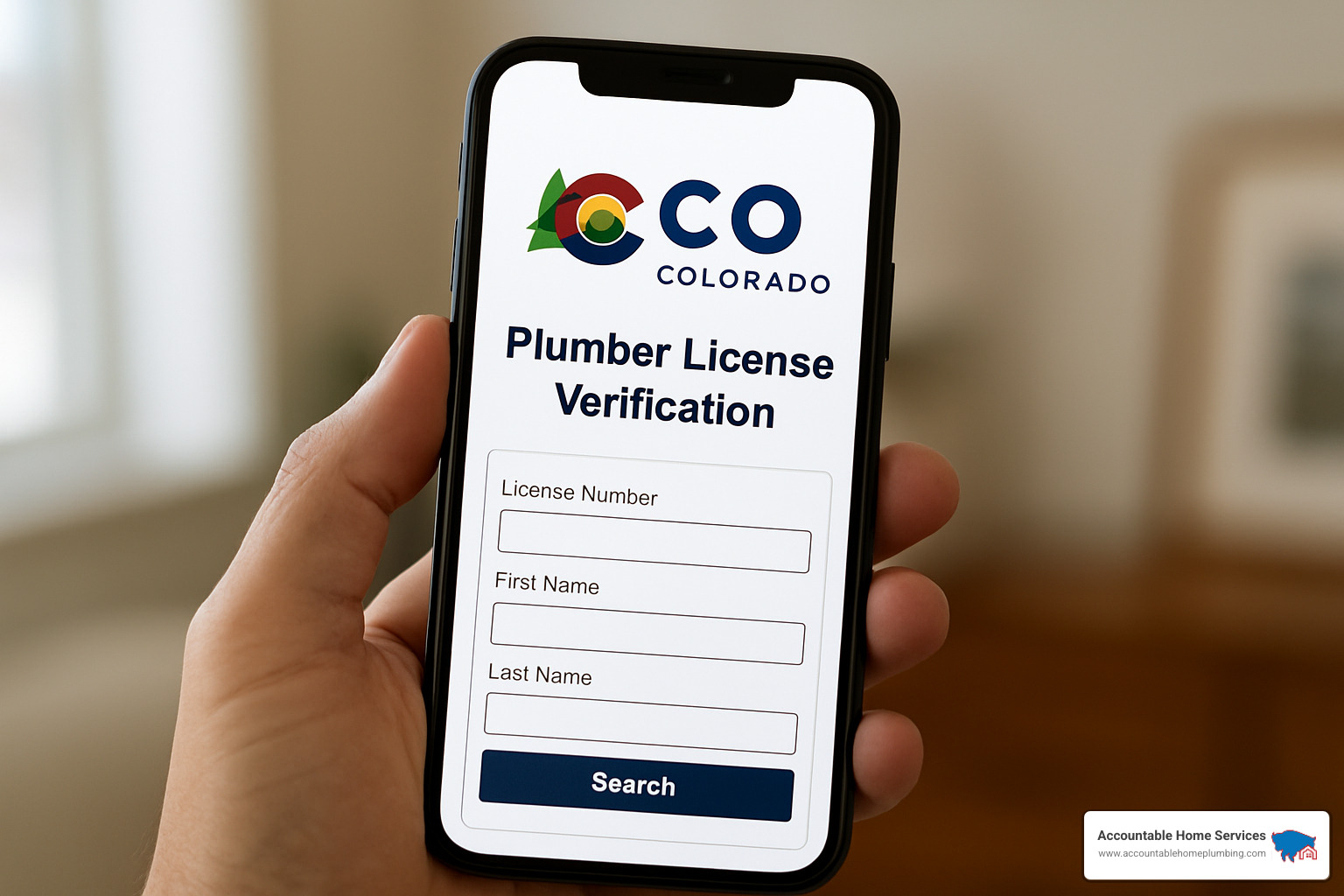 Smartphone displaying Colorado plumber license verification website - Licensed plumbers Denver