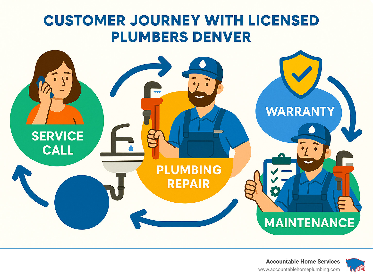 Infographic illustrating the complete customer journey from initial service call through warranty coverage and ongoing maintenance relationships with licensed Denver plumbers - Licensed plumbers Denver infographic 