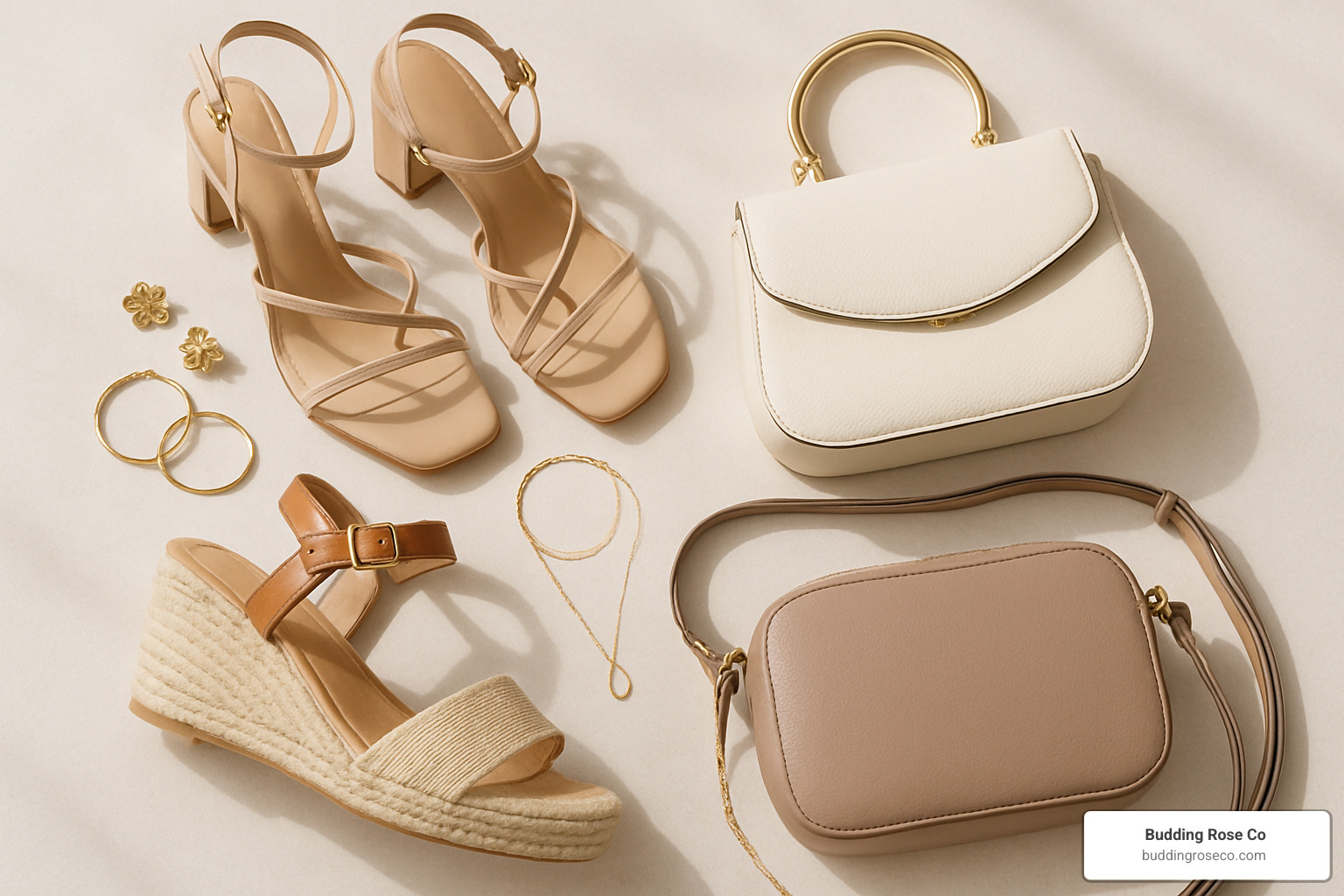 accessories flat lay with shoes, bags, and jewelry - floral midi dress
