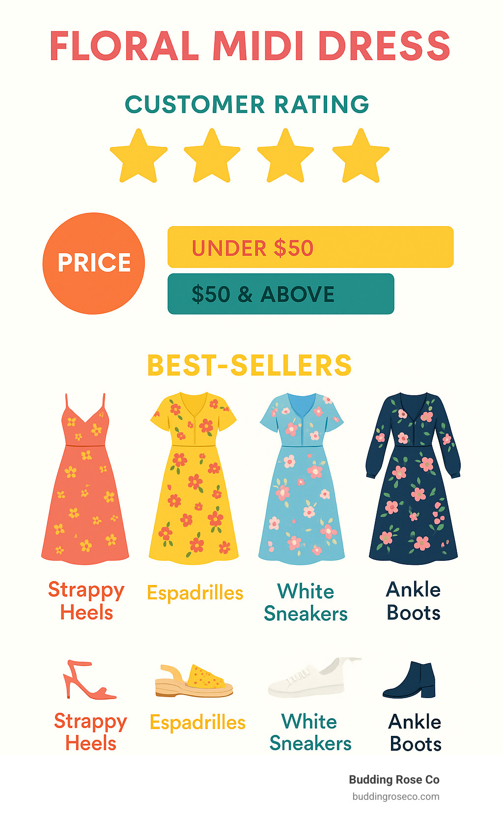 Infographic showing customer ratings, price comparisons, and best-selling floral midi dress styles with styling tips - floral midi dress infographic 