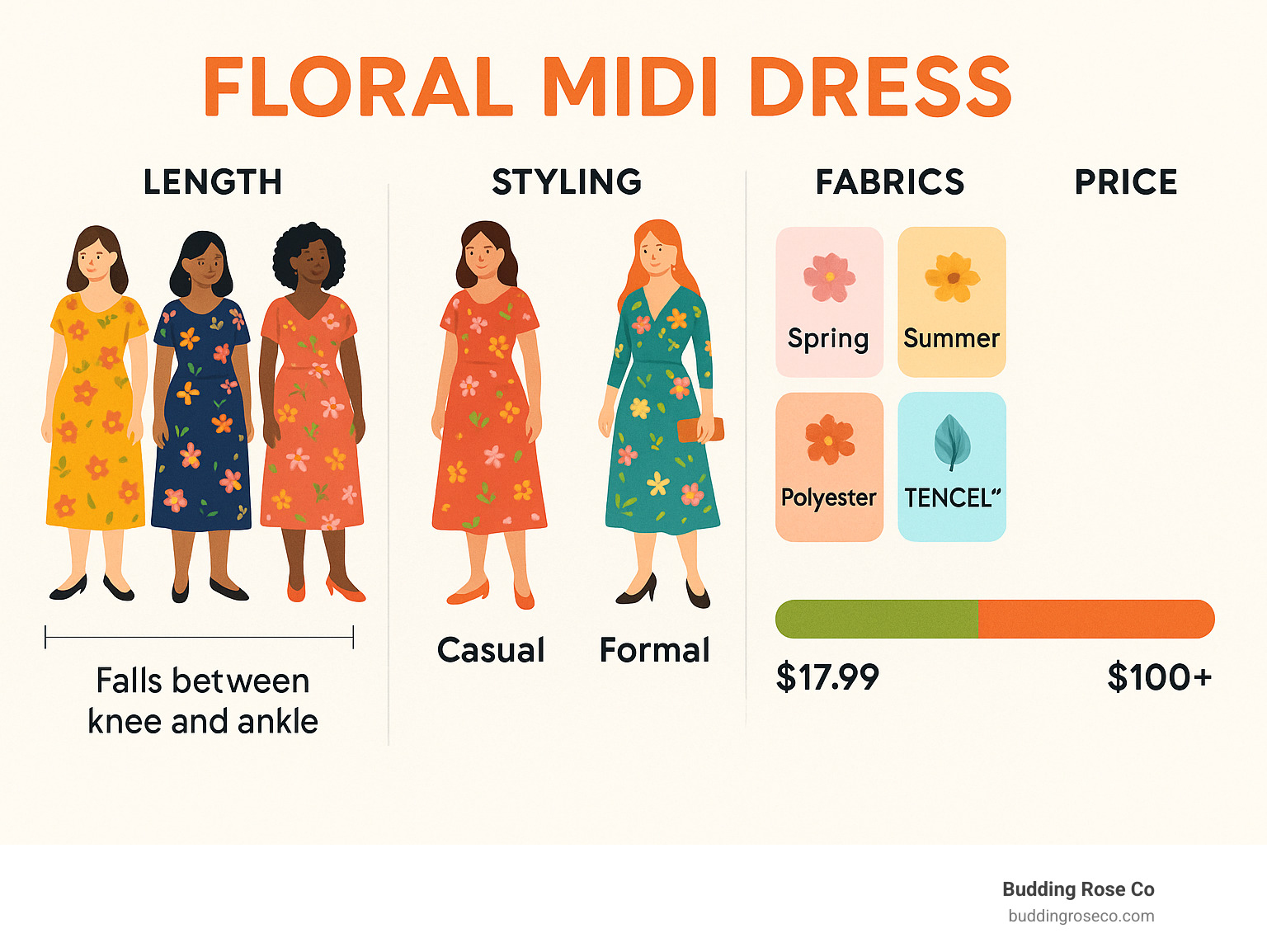 Infographic showing floral midi dress length measurements on different body types, styling options from casual to formal, fabric recommendations by season, and price ranges across major retailers - floral midi dress infographic 