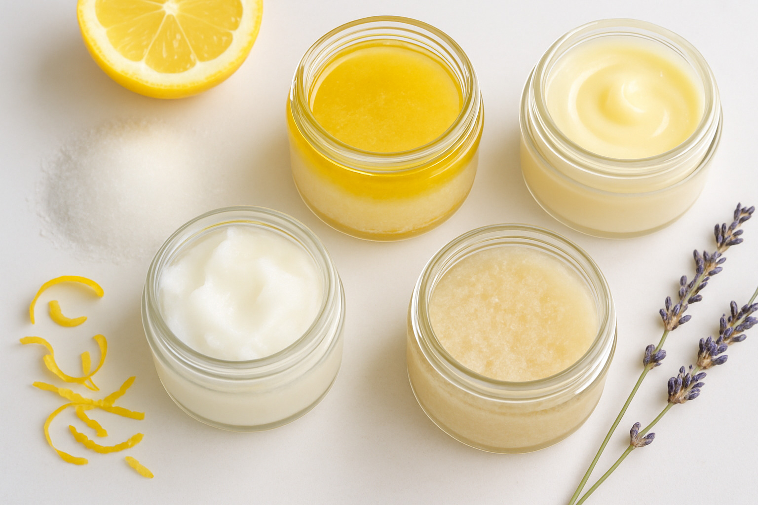 Various textures of DIY beauty products showing common issues like separation versus properly mixed final products - natural beauty DIY