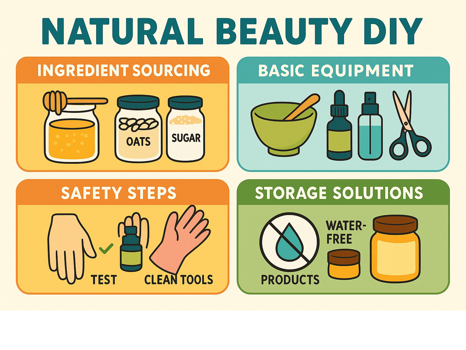 Detailed infographic showing the journey from pantry staples to finished beauty products, including ingredient sourcing, basic equipment needed, safety steps, and storage solutions for homemade skincare - natural beauty DIY infographic 