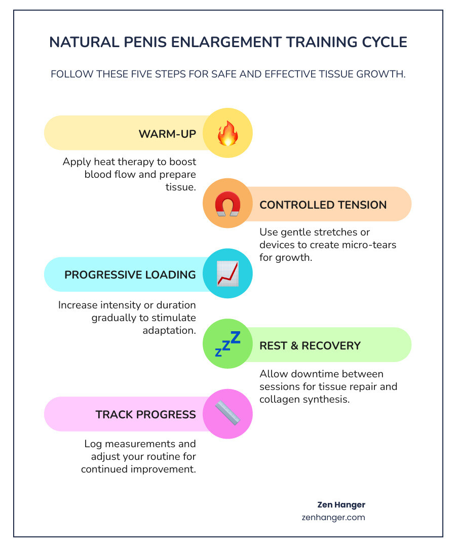 Step-by-step infographic showing the natural penis enlargement training cycle: warm-up phase with heat therapy, active training with controlled tension, recovery period for tissue repair, and measurement tracking for progress monitoring - effective training methods infographic infographic-line-5-steps-colors