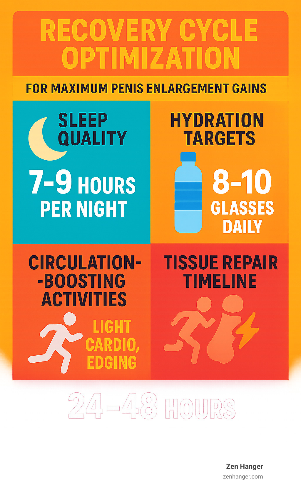Infographic showing recovery cycle optimization: sleep quality metrics, hydration targets, circulation-boosting activities, and tissue repair timeline for maximum penis enlargement gains - effective training methods infographic