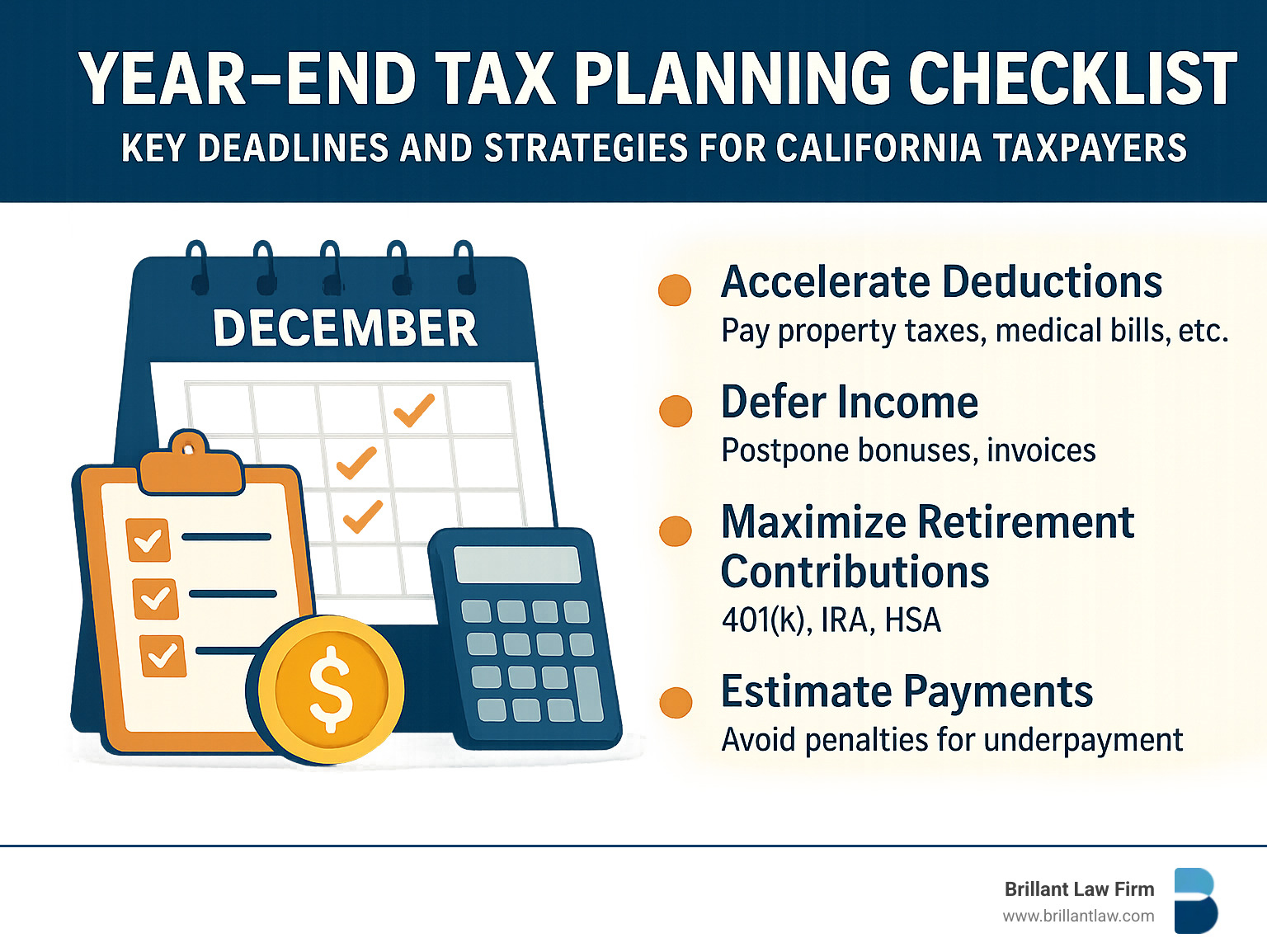 Year-end tax planning checklist with key deadlines and strategies for California taxpayers - taxation strategies infographic 