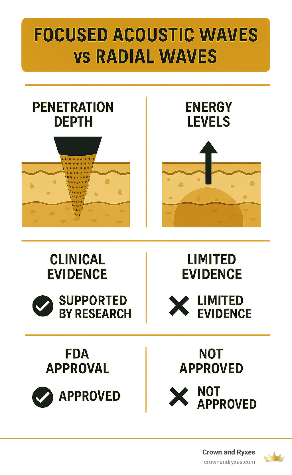 Comparison infographic showing focused acoustic waves vs radial waves: penetration depth, energy levels, clinical evidence, and FDA approval status - acoustic wave therapy ed infographic