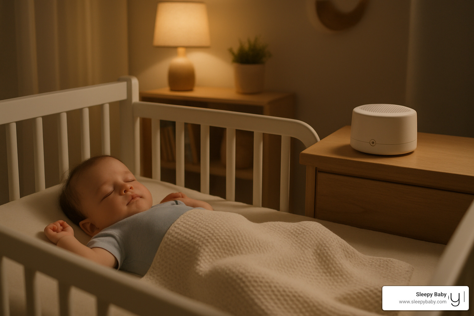 peaceful sleeping baby with white noise device positioned safely away from crib - white noise in the womb