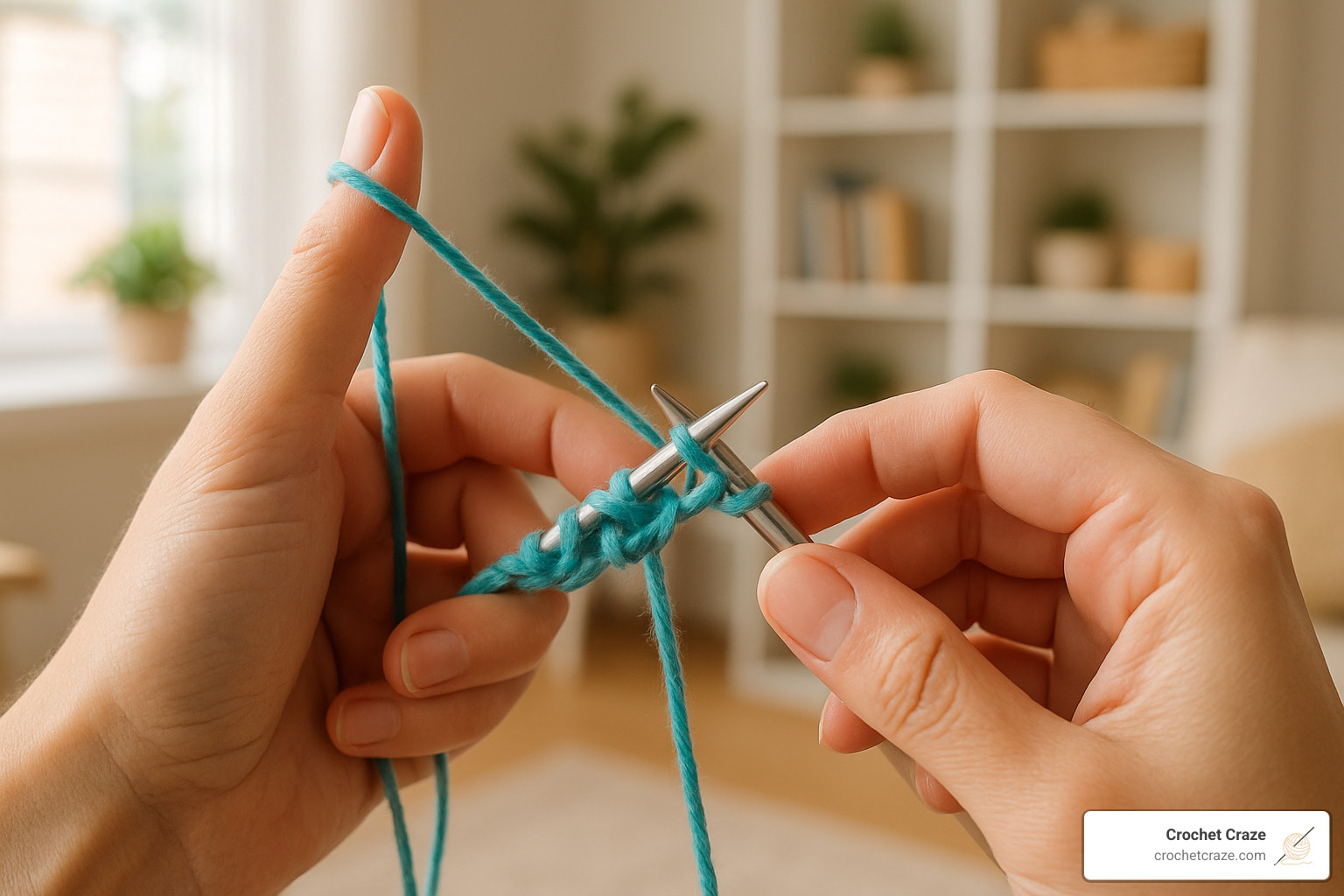 Hands demonstrating proper knitting tension and yarn hold - absolute beginner knitting