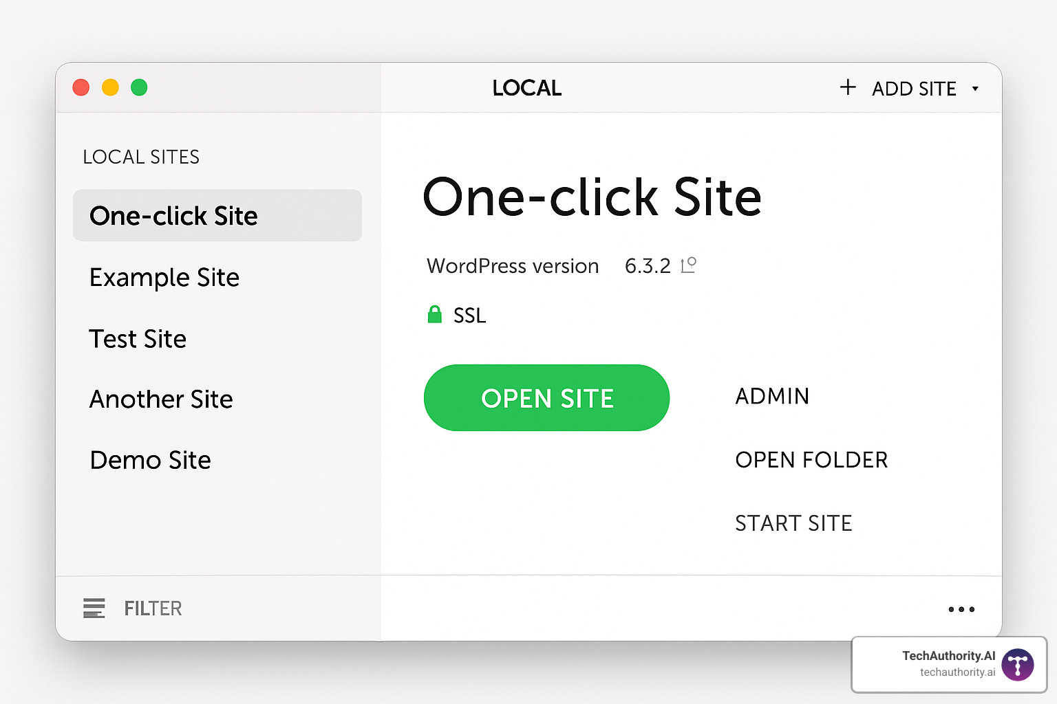 Local WP interface showing one-click WordPress installation with SSL enabled and multiple site management - wordpress web development tools