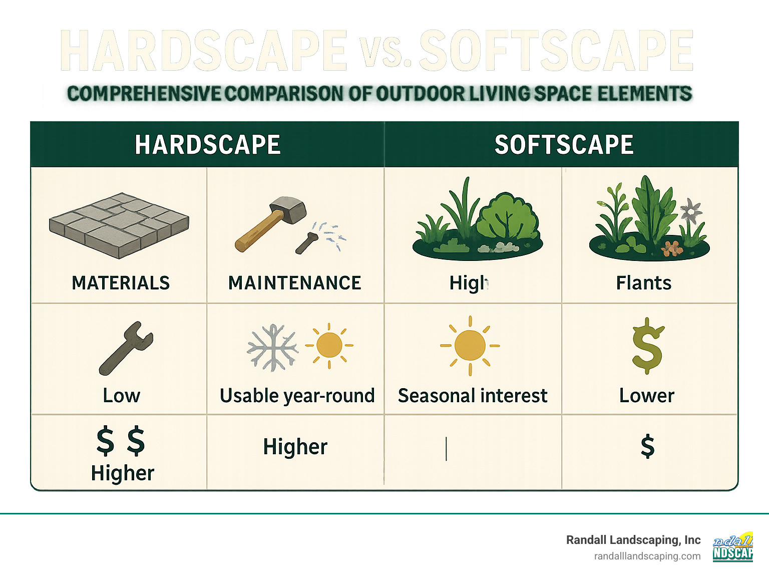 Comprehensive comparison of hardscape versus softscape elements showing materials, maintenance requirements, seasonal benefits, and cost considerations for outdoor living spaces - hardscape landscapers infographic
