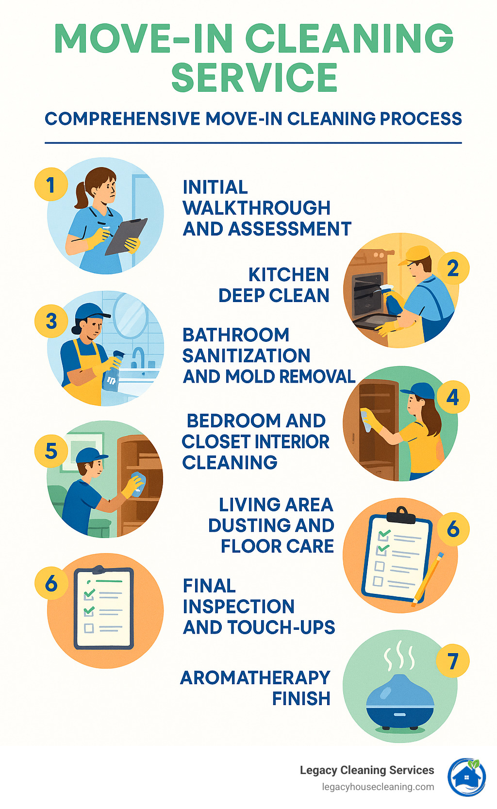 Comprehensive move-in cleaning process showing 7 essential steps: initial walkthrough and assessment, kitchen deep clean including appliances, bathroom sanitization and mold removal, bedroom and closet interior cleaning, living area dusting and floor care, final inspection and touch-ups, and aromatherapy finish for fresh scent throughout the home - move in cleaning service infographic