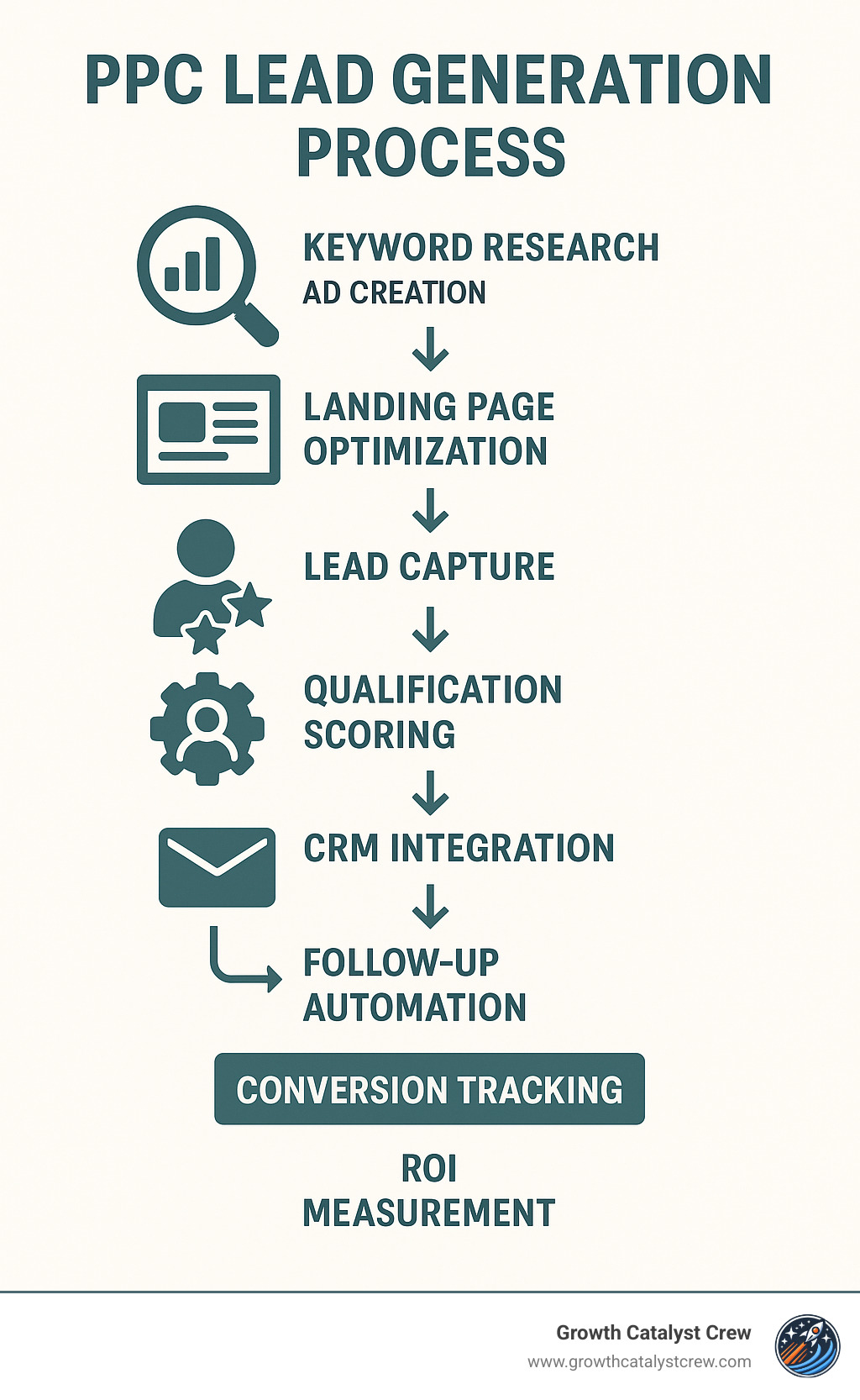 Detailed infographic showing the complete PPC lead generation process from keyword research and ad creation through landing page optimization, lead capture, qualification scoring, CRM integration, and follow-up automation with conversion tracking and ROI measurement - ppc lead generation company infographic
