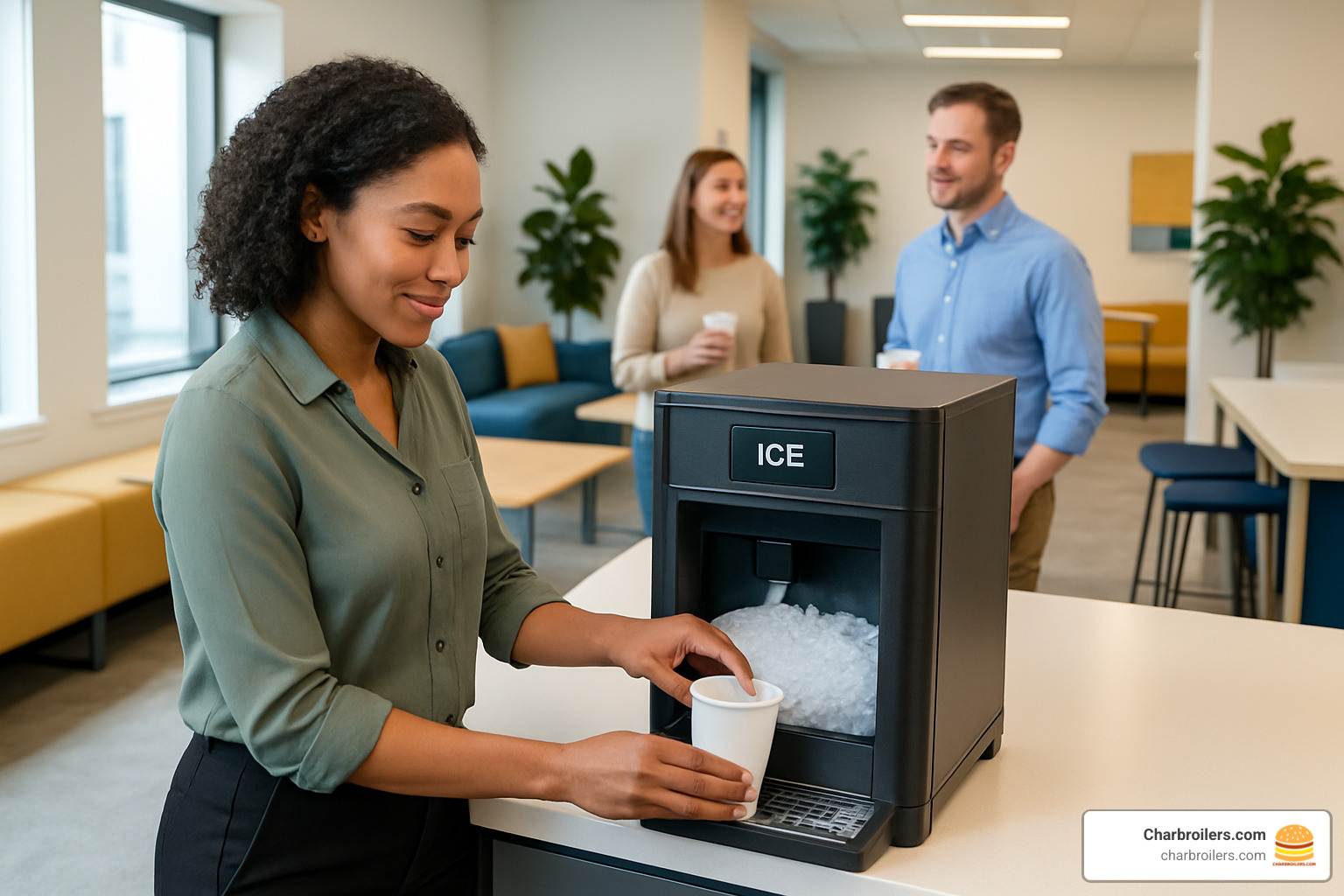 countertop nugget ice dispenser in modern office break room - ice machine for commercial use