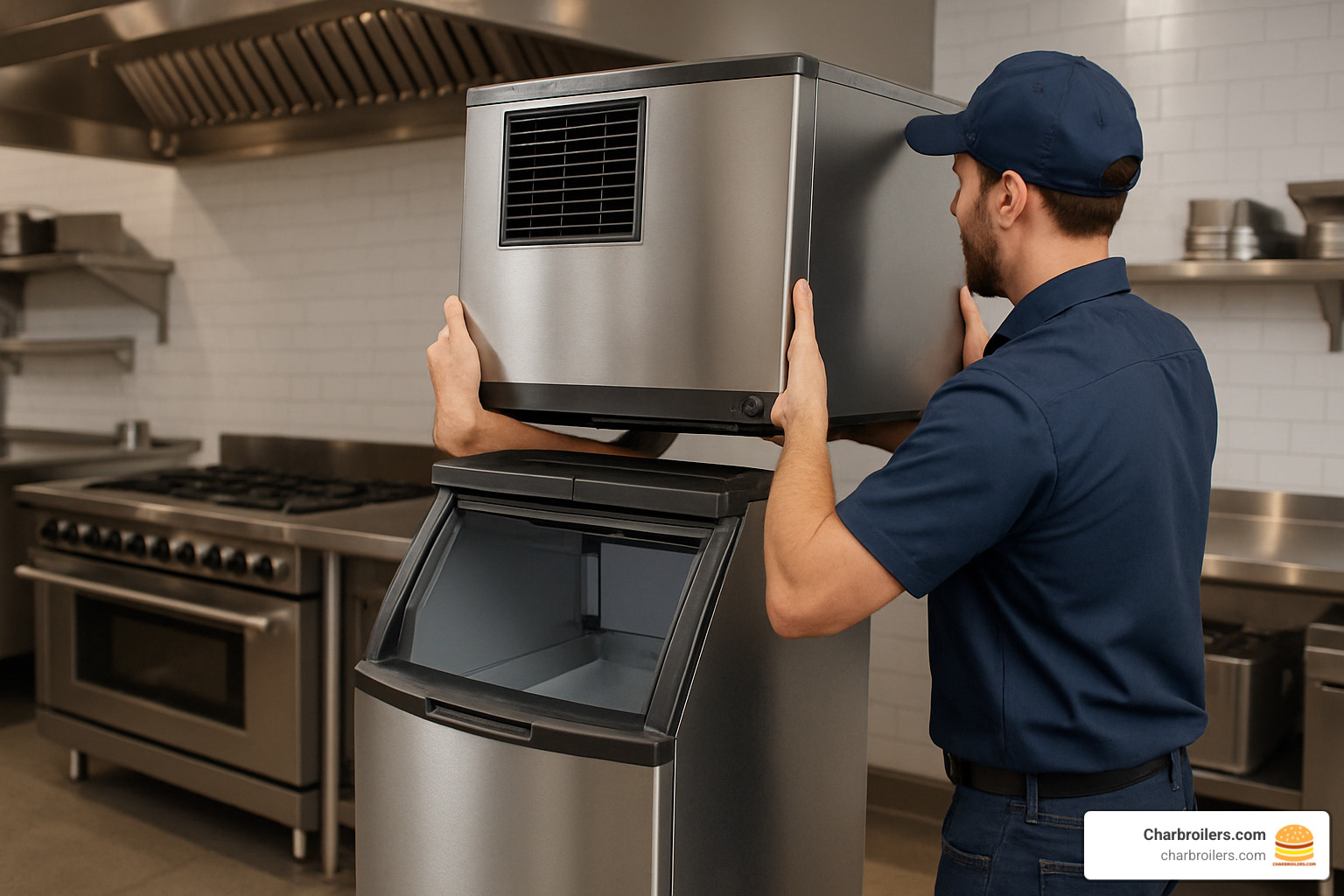 modular ice machine head being installed in restaurant kitchen - ice machine for commercial use