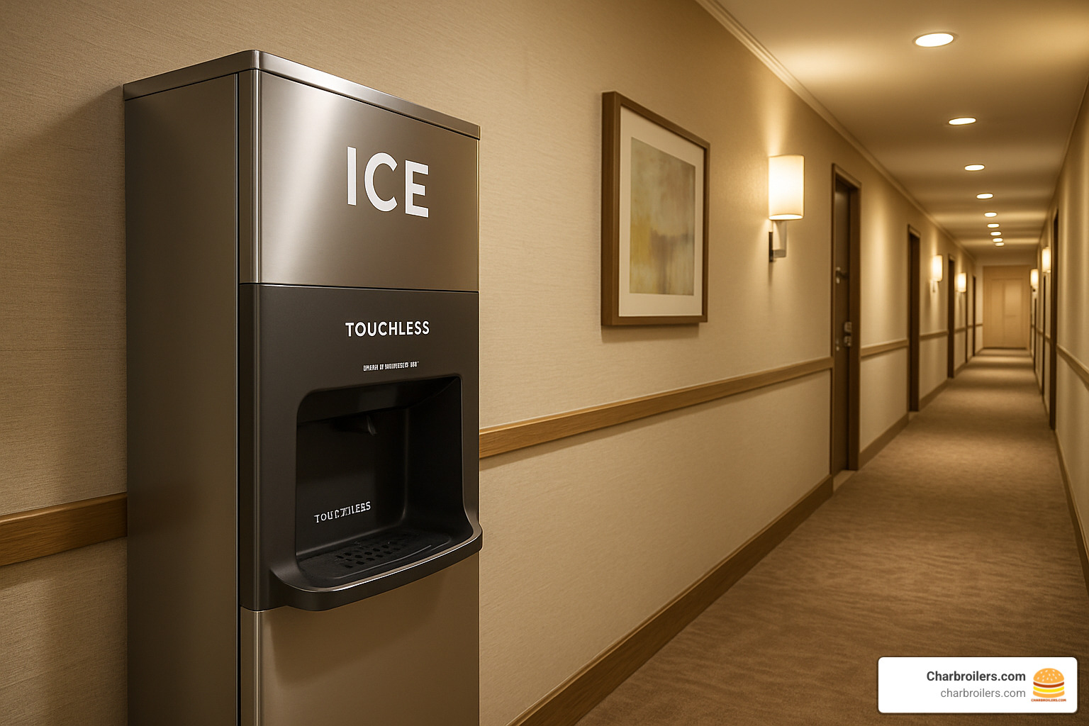 hotel ice dispenser installed in hallway with touchless operation - ice machine for commercial use