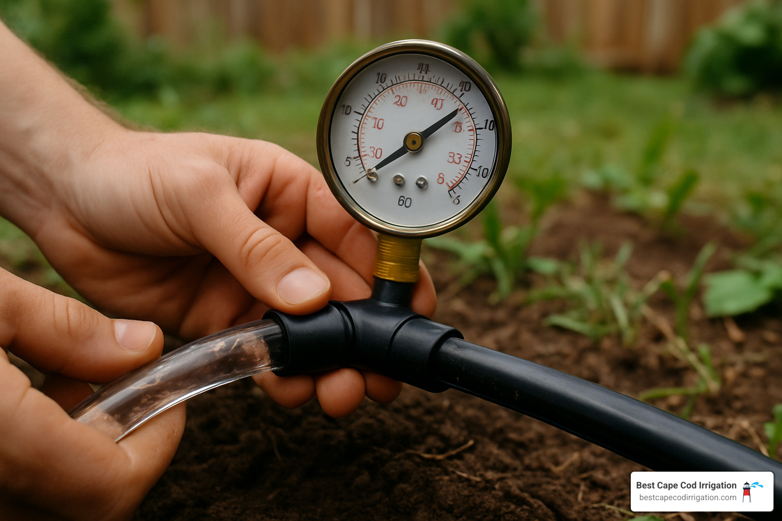 Pressure gauge being used to test irrigation pipe repair with water flowing through the system - Irrigation pipe leak repair