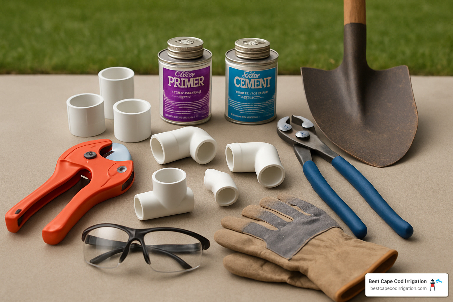 DIY irrigation pipe repair tool kit laid out including PVC cutters, couplings, primer, cement, and safety gear - Irrigation pipe leak repair