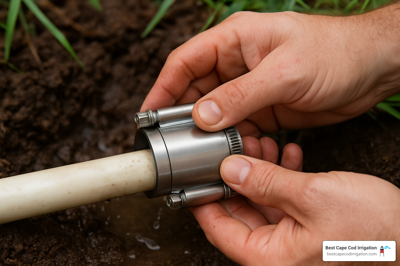 Close-up of a clamp-style patch being applied to a small PVC pipe leak - Irrigation pipe leak repair