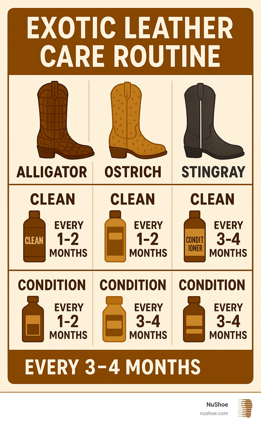Infographic showing exotic leather care routine with specific products and timelines for alligator, ostrich, and stingray boots - repair cowboy boots infographic 