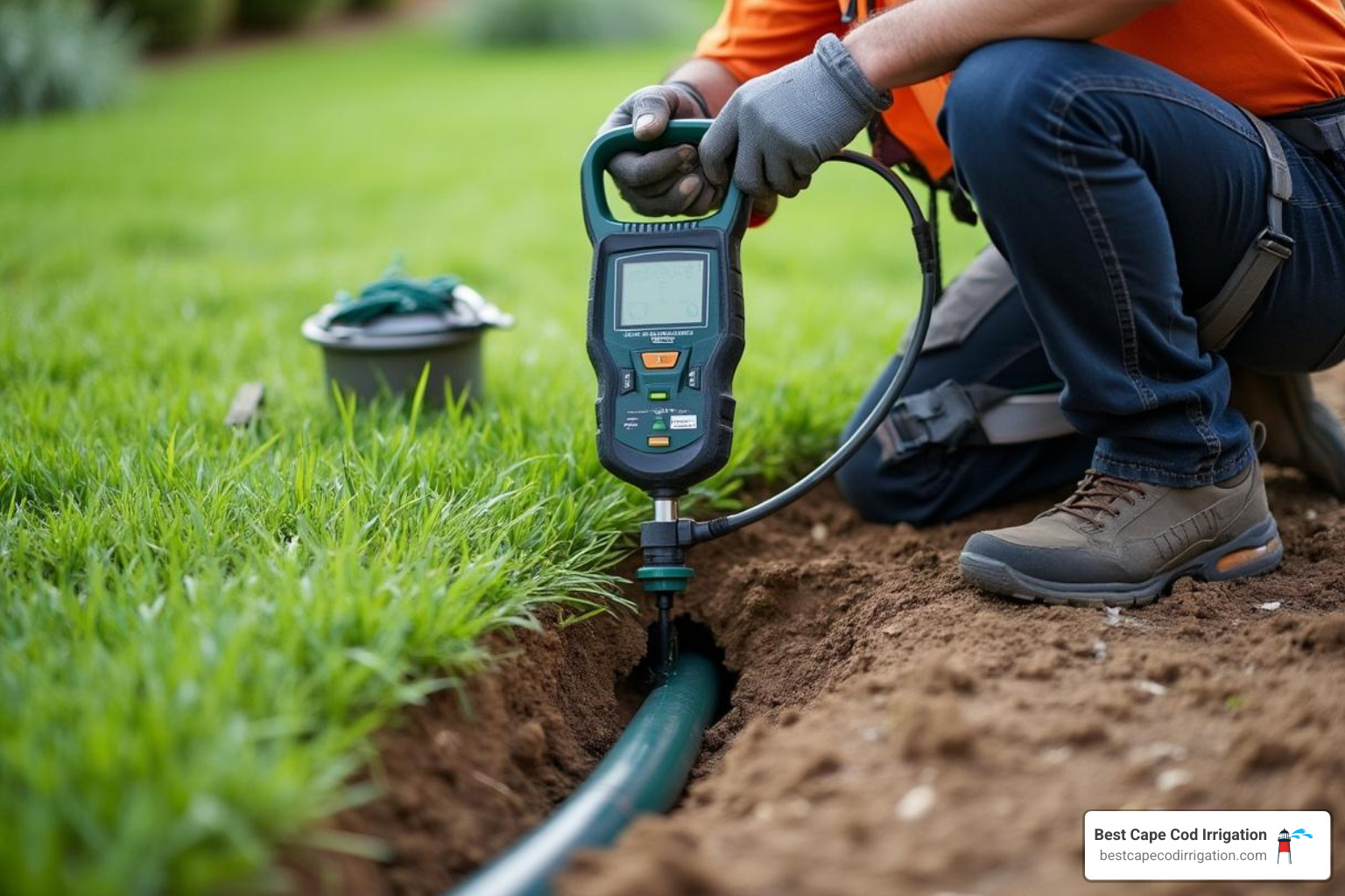 Certified irrigation technician performing professional pipe repair with specialized equipment - Irrigation pipe leak repair