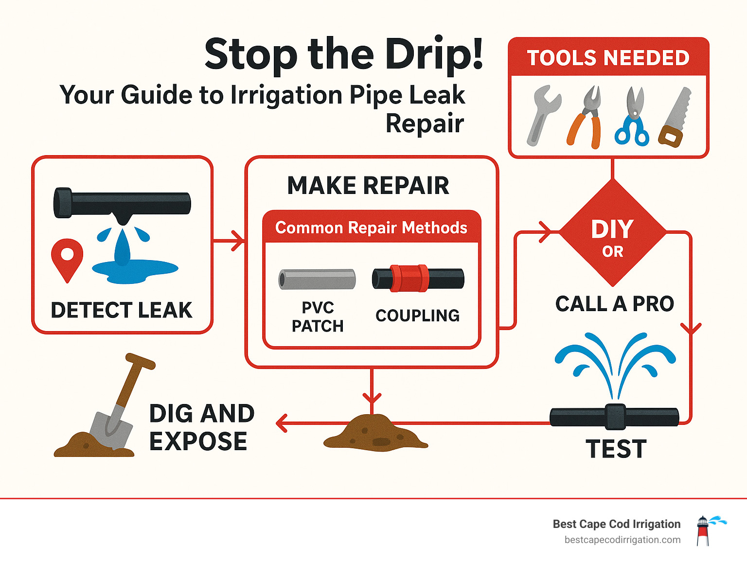 Infographic showing step-by-step irrigation pipe leak repair workflow from detection through testing, including tools needed, common repair methods for different pipe types, and decision points for DIY versus professional repair - Irrigation pipe leak repair infographic 