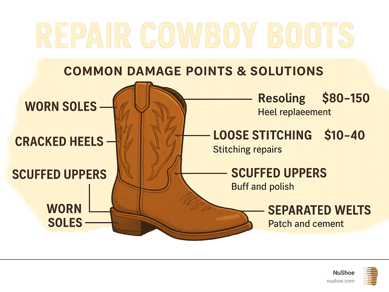 Infographic showing cowboy boot anatomy with common damage points including worn soles, cracked heels, loose stitching, scuffed uppers, and separated welts, along with corresponding repair methods and estimated costs - repair cowboy boots infographic 