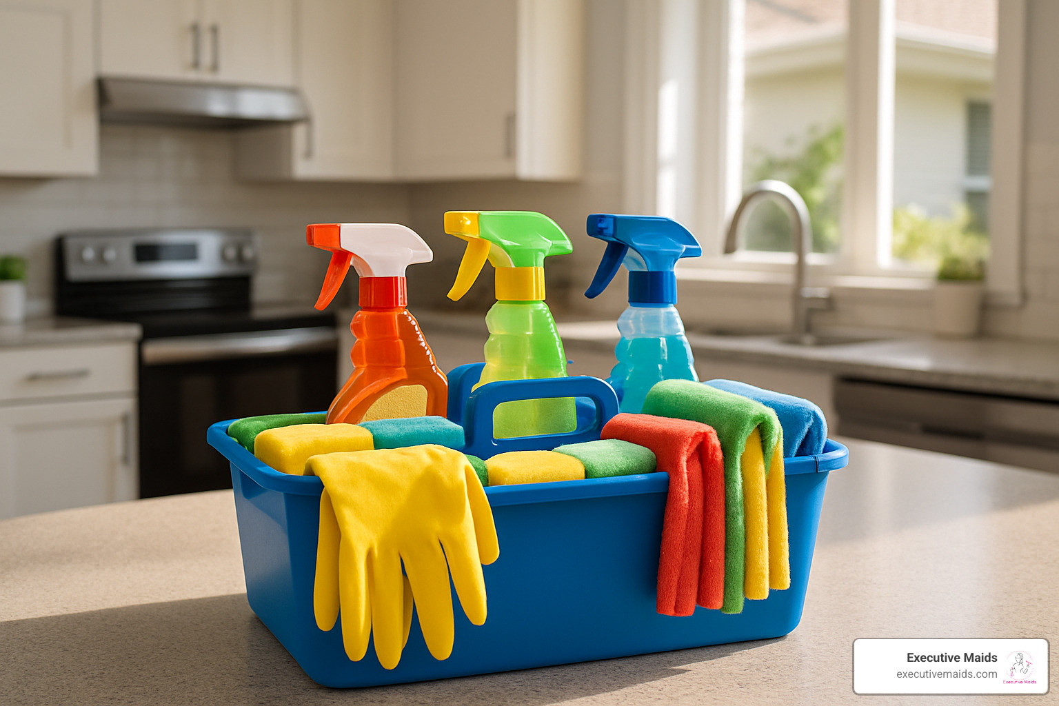 color-coded cleaning caddy with organized supplies - air bnb cleaning service