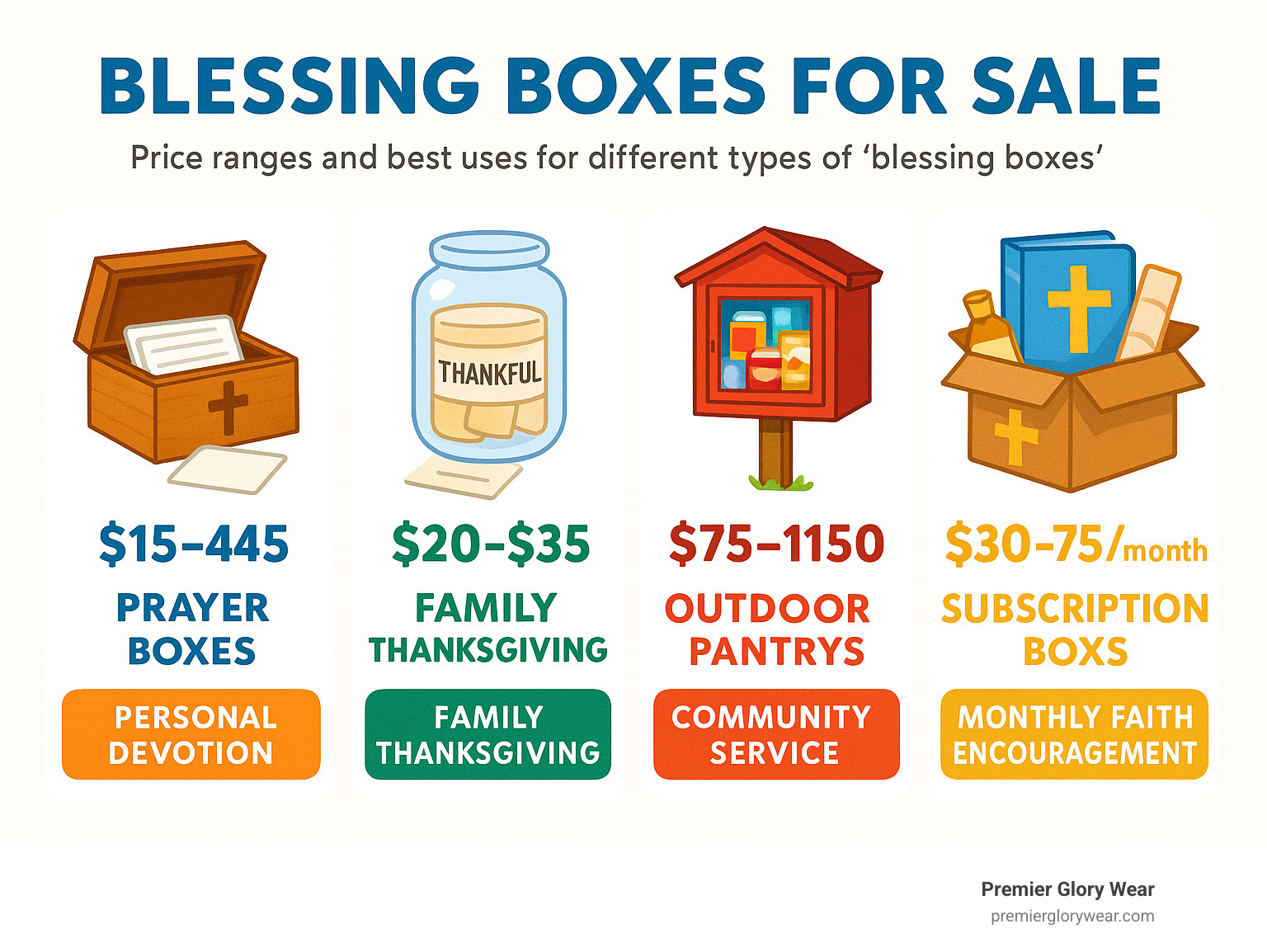 Infographic showing different types of blessing boxes: prayer boxes for personal devotion, gratitude jars for family thanksgiving, outdoor pantries for community service, and subscription boxes for monthly faith encouragement, with price ranges and best uses for each type - blessing boxes for sale infographic 