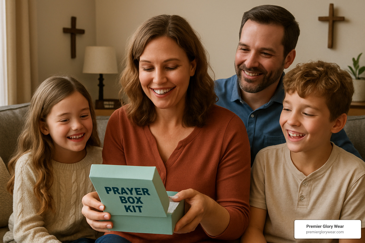 Christian mom opening a prayer box kit with family gathered around, showing the joy and connection that blessing boxes create - blessing boxes for sale